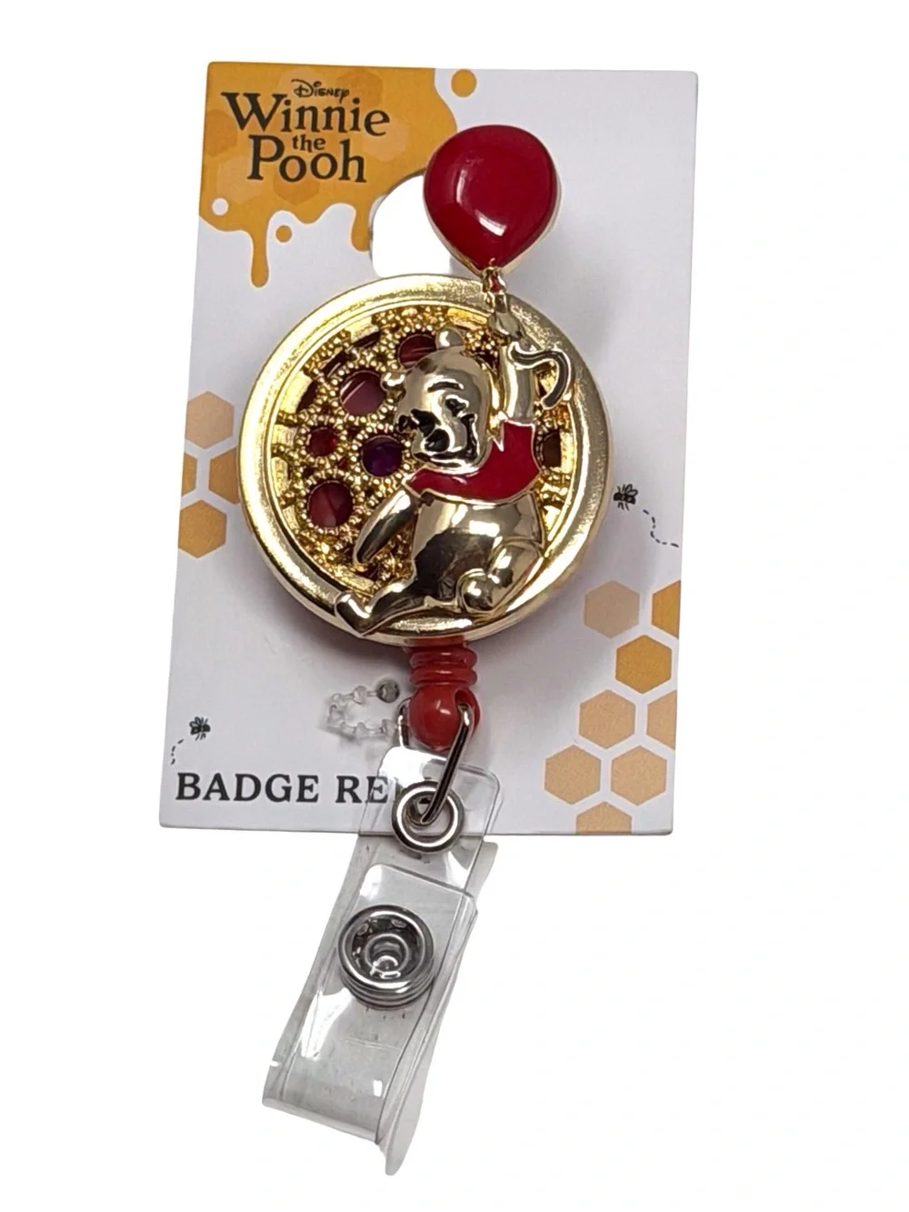 Disney Winnie The Pooh Badge Reel - Gold Tone With Red Balloon New